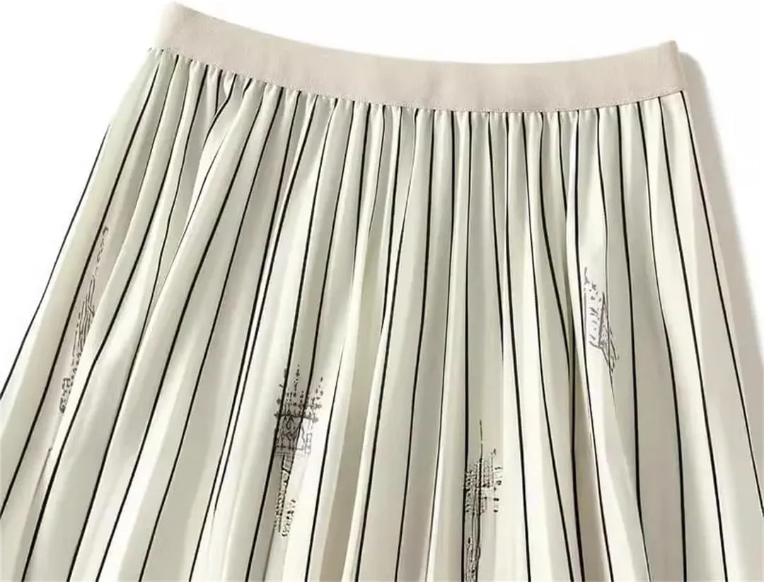 Printed Midi Skirt for Women Elastic Waistband Large Swing Mid Length A-Line Pleated Skirt