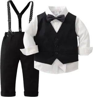 Puremlik Boys' 4-Piece Gentleman Outfits Set with Dress Shirt Bow Tie Vest and Pants for Toddler