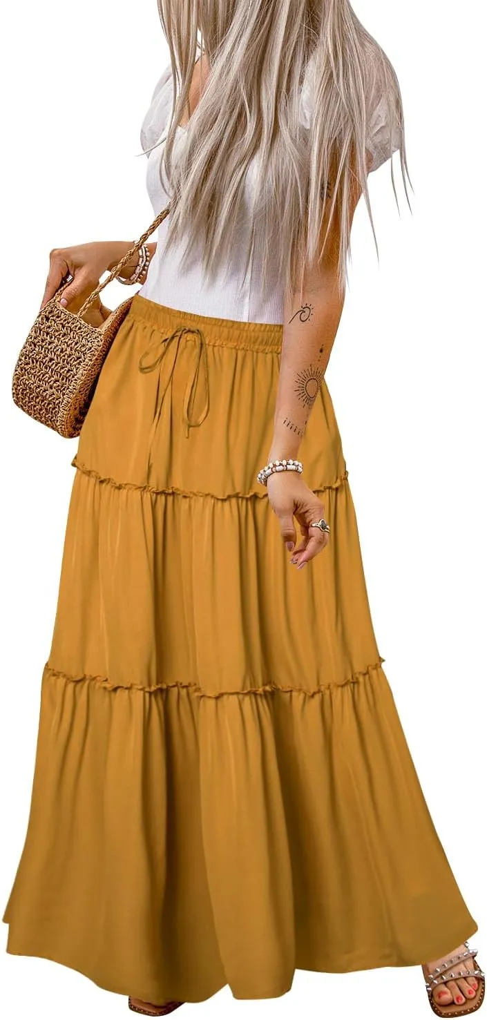 QACOHU Womens Casual Elastic High Waist Lace up Tiered Paisley Long Skirt with Pockets