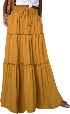 QACOHU Womens Casual Elastic High Waist Lace up Tiered Paisley Long Skirt with Pockets