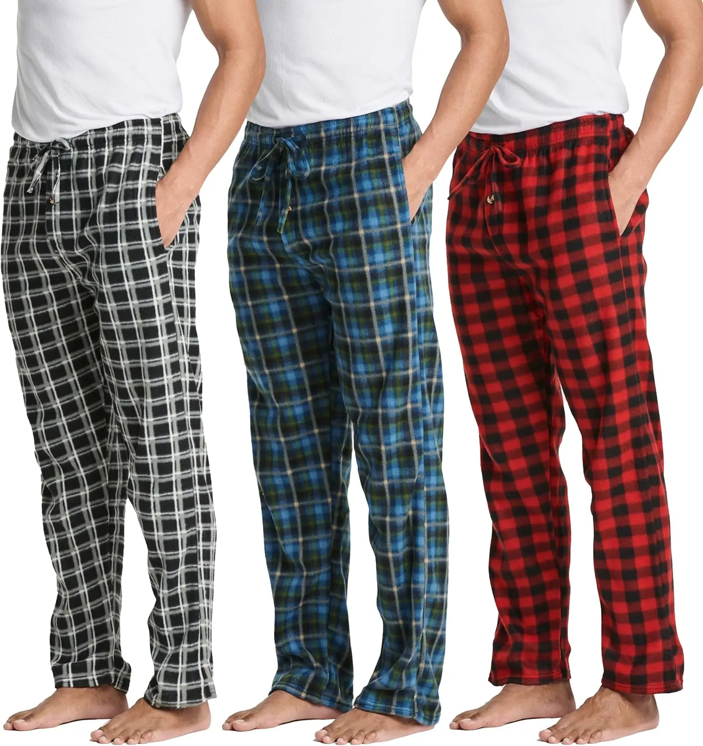 Real Essentials 3 Pack: Mens Fleece Plaid Pajama Pants - Lounge Pajama Bottoms(Available in Big & Tall)