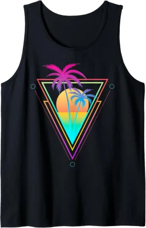 Retro 1980s 1990s Vaporwave Palm Trees Sunset Beach Surf Art Tank Top