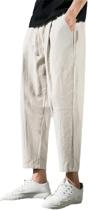 Rfmfkkg Mens Straight Casual Ankle-Length Pants Summer Harem Pants Cotton Linen Trousers Solid Pants