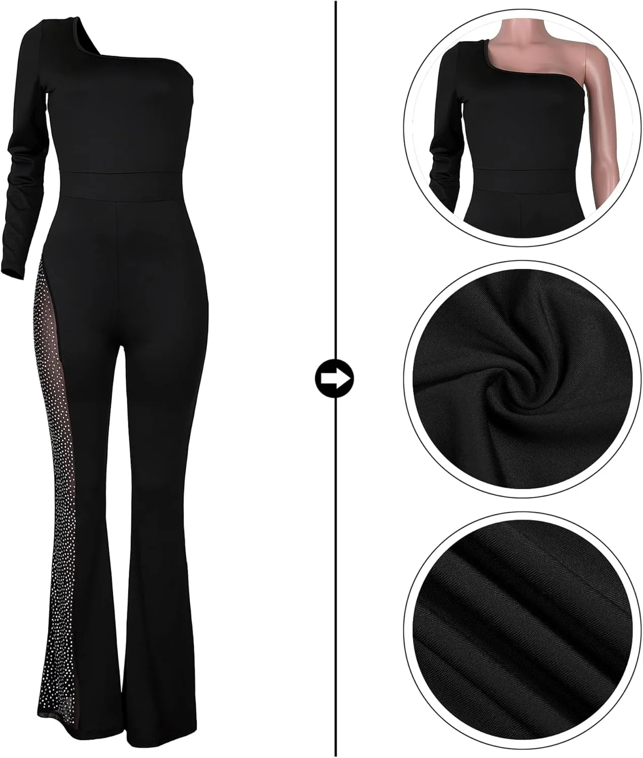 RINTONIX Women Sexy One Shoulder Bodycon Rhinestone Leg Jumpsuit Wide Leg Split Long Pant Club Romper Overall