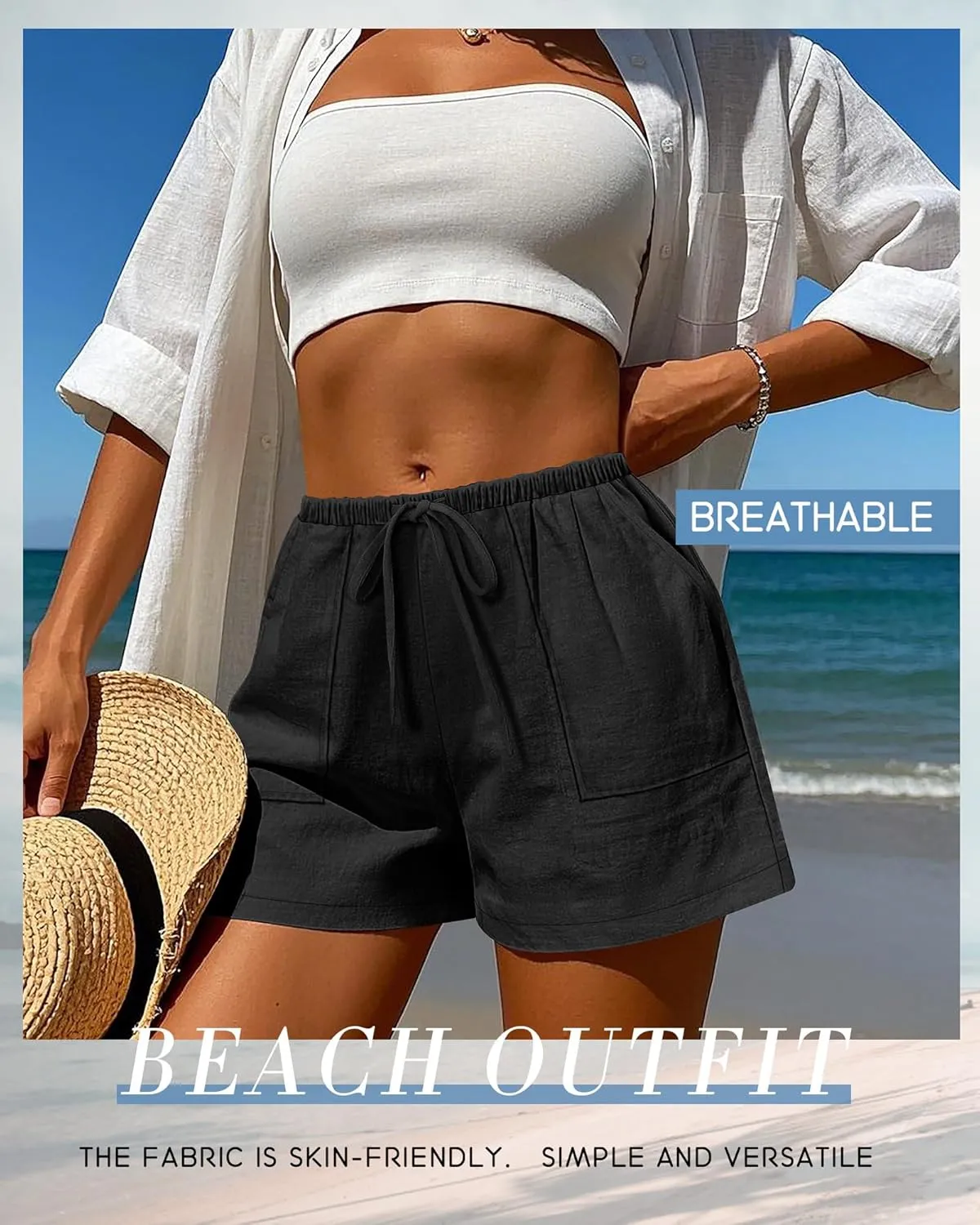 Riyiper 2 Pack Women's Linen Drawstring Elastic Waist Beach Casual Summer Wide Leg Shorts with Pockets 2025