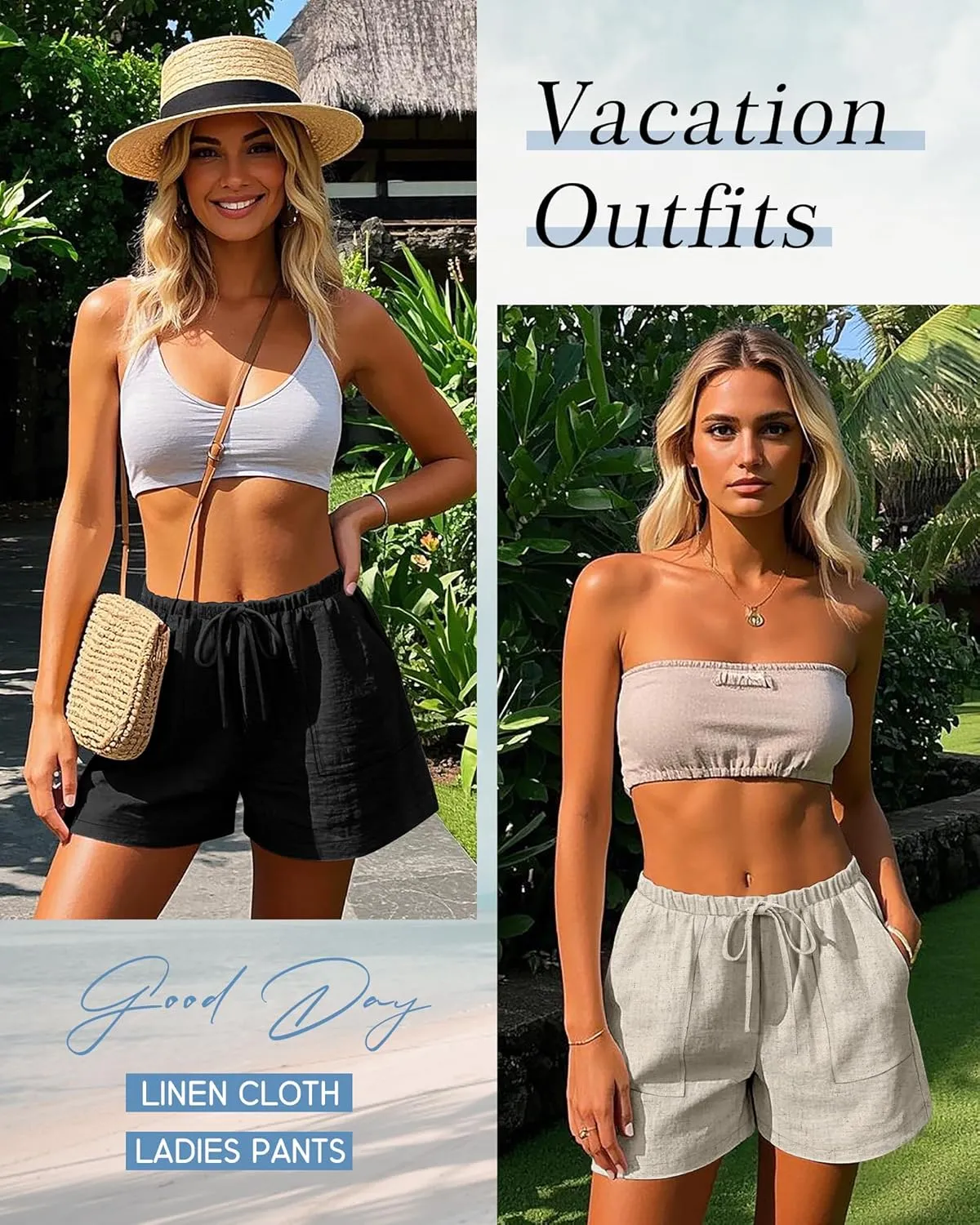Riyiper 2 Pack Women's Linen Drawstring Elastic Waist Beach Casual Summer Wide Leg Shorts with Pockets 2025