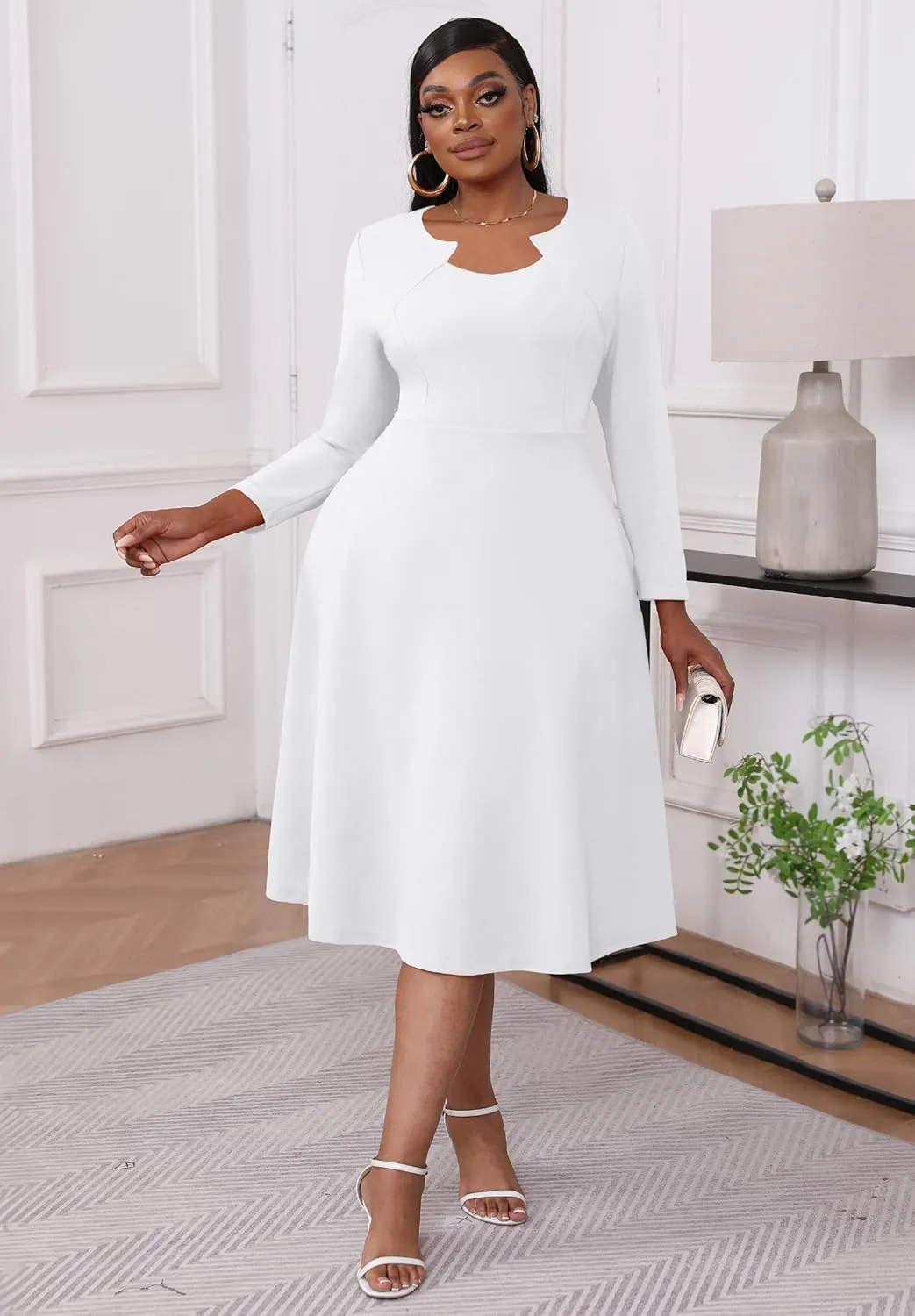 Runwind Plus Size Dresses for Curvy Women Church Cocktail A Line Wedding Guest Midi Dress Long Sleeve with Pockets