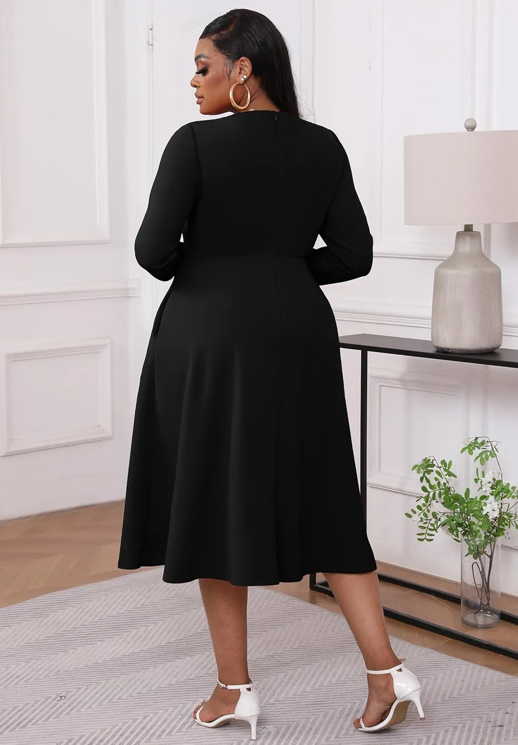 Runwind Plus Size Dresses for Curvy Women Church Cocktail A Line Wedding Guest Midi Dress Long Sleeve with Pockets