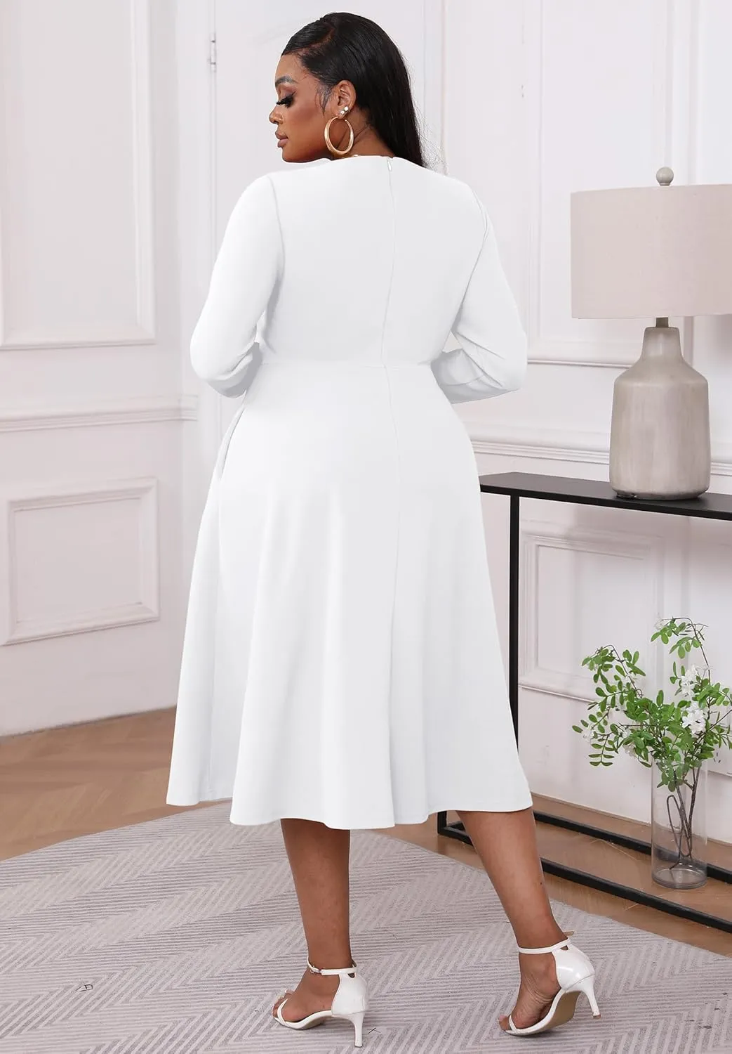 Runwind Plus Size Dresses for Curvy Women Church Cocktail A Line Wedding Guest Midi Dress Long Sleeve with Pockets