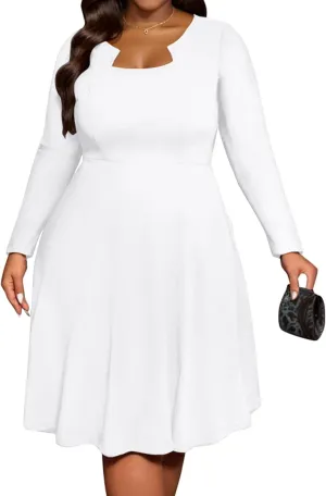 Runwind Plus Size Dresses for Curvy Women Church Cocktail A Line Wedding Guest Midi Dress Long Sleeve with Pockets
