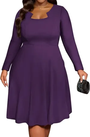 Runwind Plus Size Dresses for Curvy Women Church Cocktail A Line Wedding Guest Midi Dress Long Sleeve with Pockets