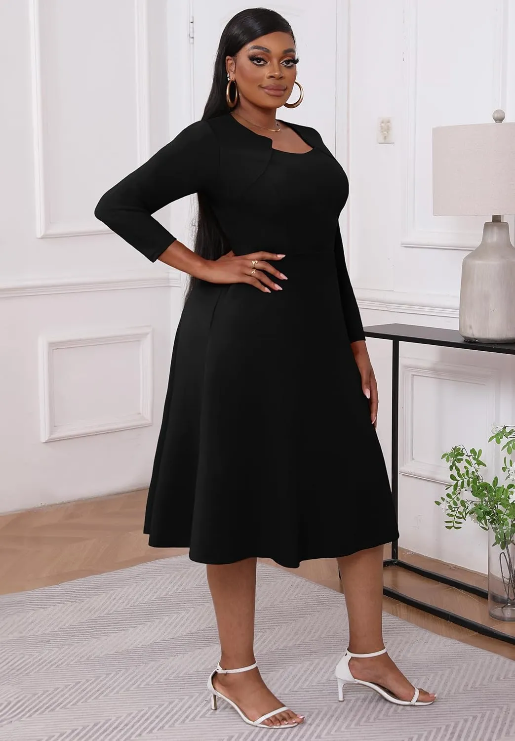 Runwind Plus Size Dresses for Curvy Women Church Cocktail A Line Wedding Guest Midi Dress Long Sleeve with Pockets