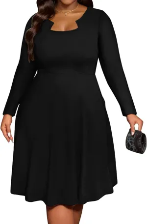 Runwind Plus Size Dresses for Curvy Women Church Cocktail A Line Wedding Guest Midi Dress Long Sleeve with Pockets