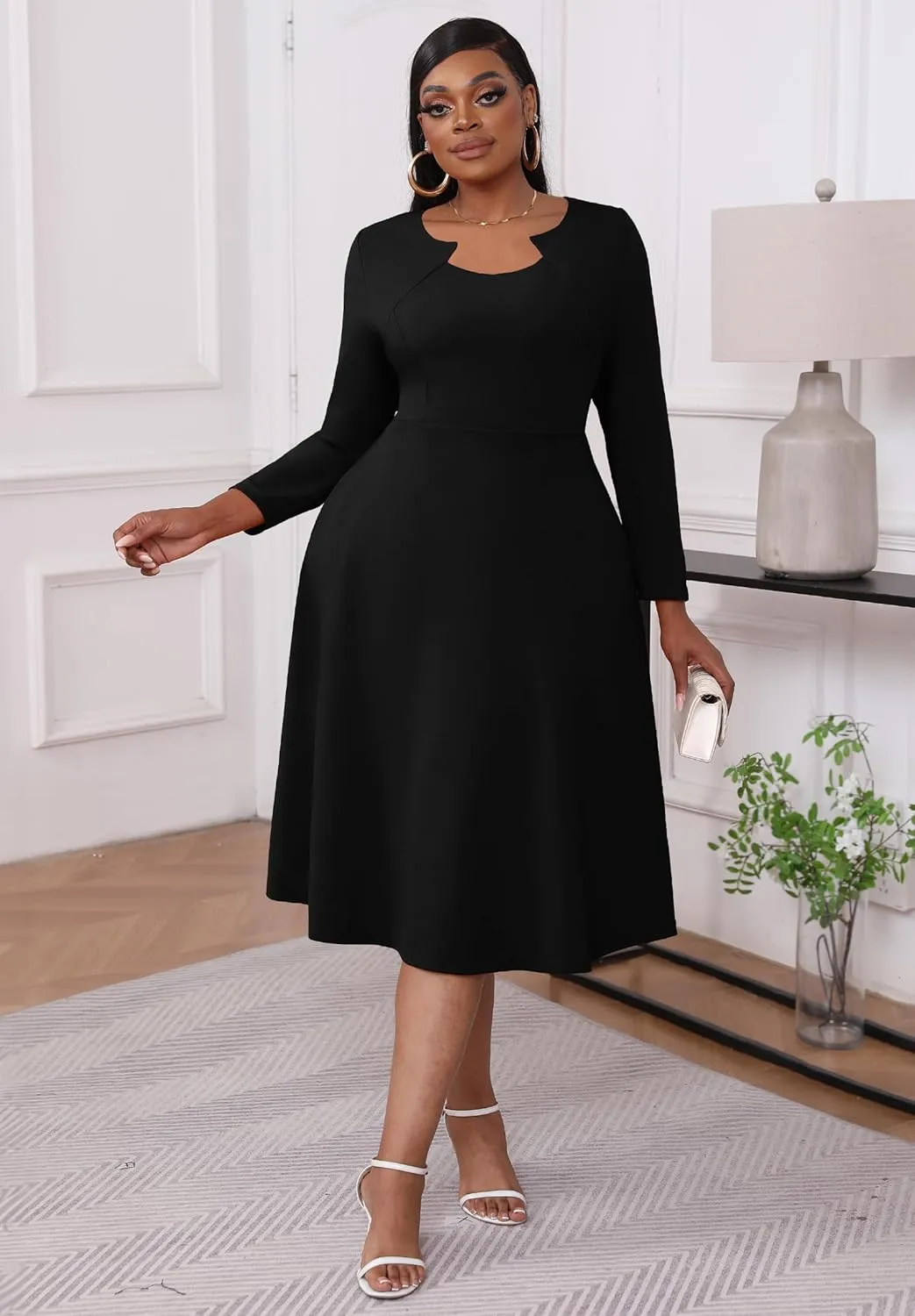 Runwind Plus Size Dresses for Curvy Women Church Cocktail A Line Wedding Guest Midi Dress Long Sleeve with Pockets