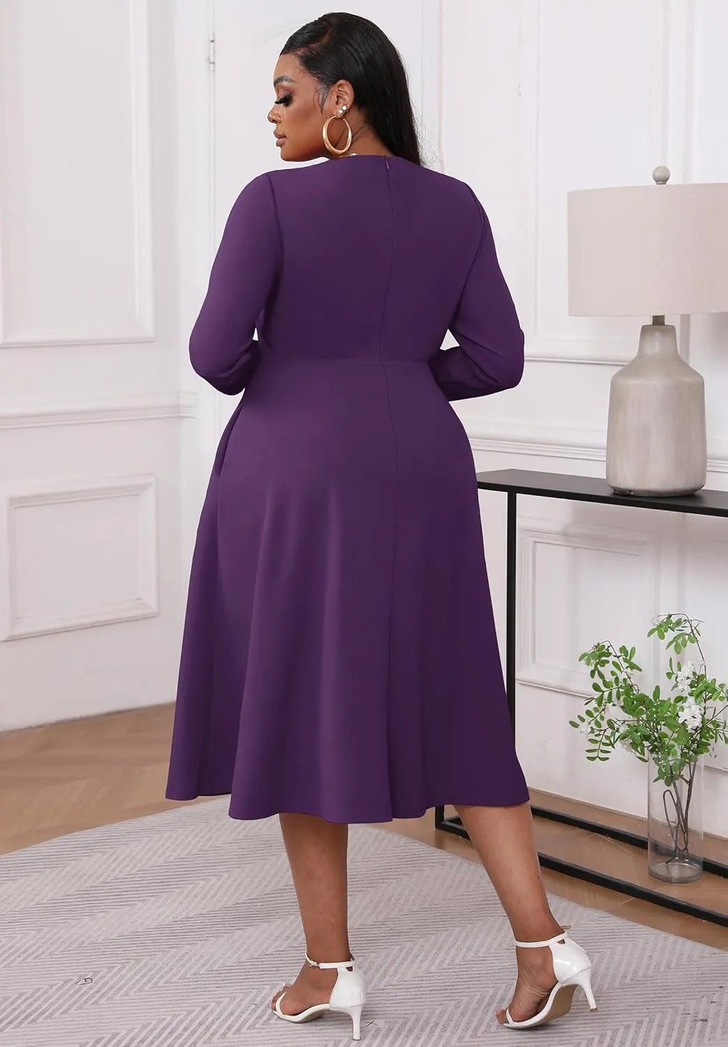 Runwind Plus Size Dresses for Curvy Women Church Cocktail A Line Wedding Guest Midi Dress Long Sleeve with Pockets