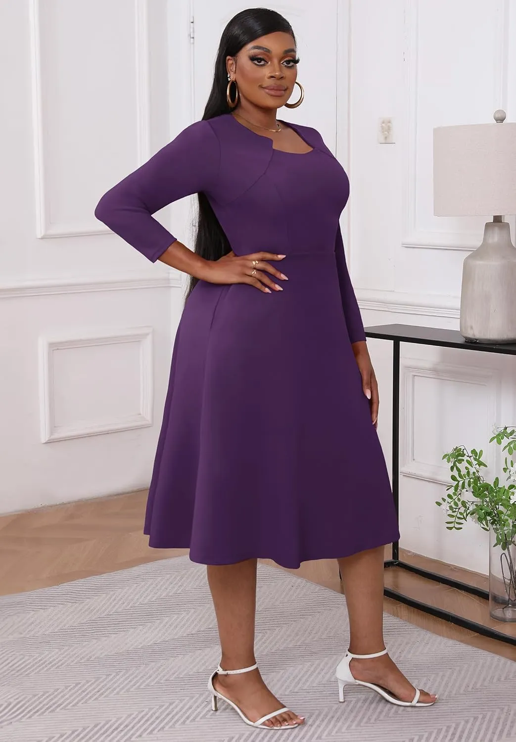Runwind Plus Size Dresses for Curvy Women Church Cocktail A Line Wedding Guest Midi Dress Long Sleeve with Pockets