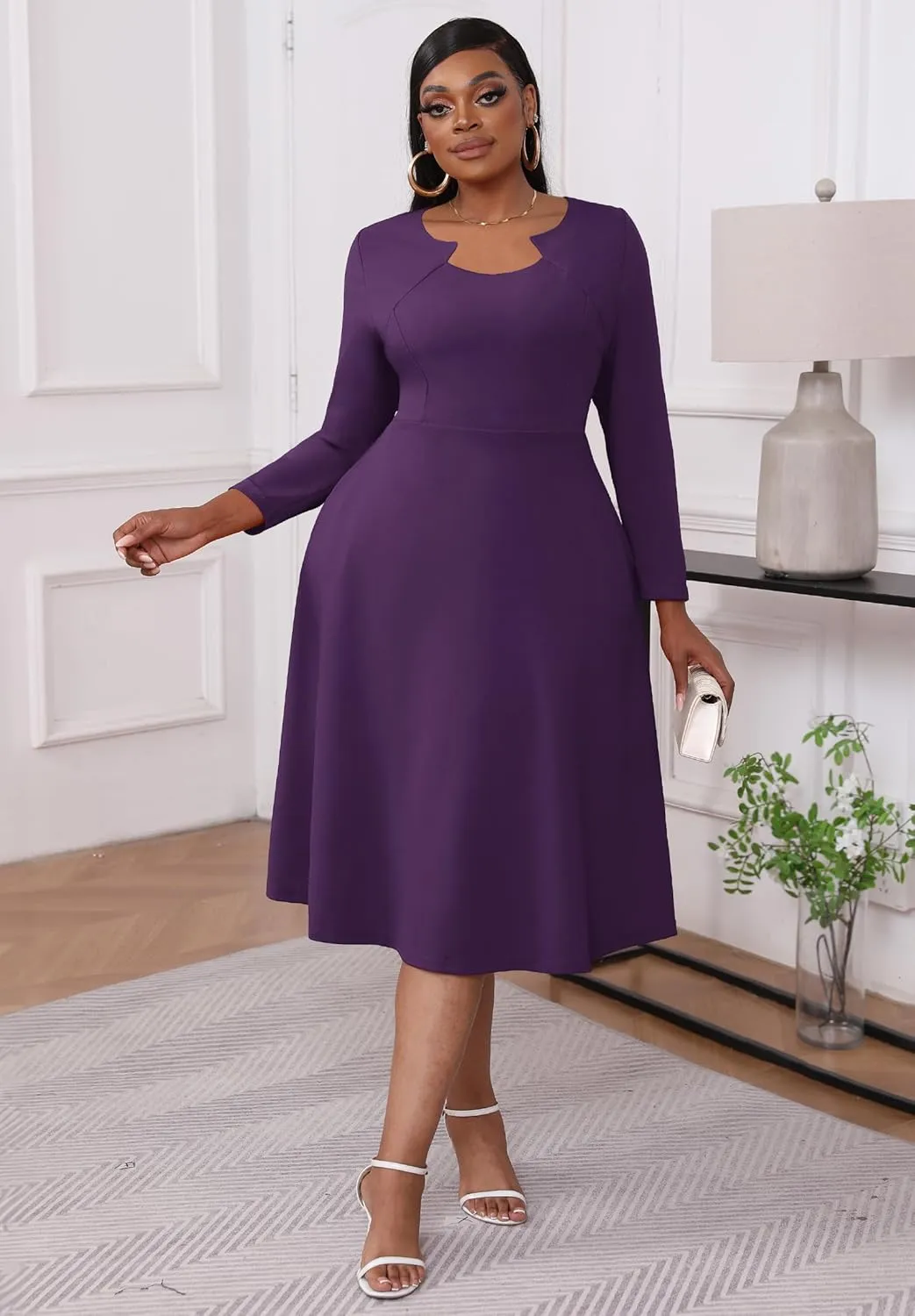 Runwind Plus Size Dresses for Curvy Women Church Cocktail A Line Wedding Guest Midi Dress Long Sleeve with Pockets