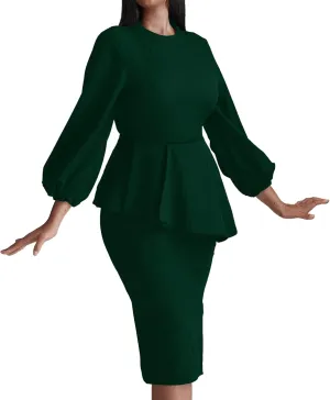 Runwind Plus Size Dresses for Curvy Women Midi Church Wear to Work Bodycon Vintage Peplum Dress Long Sleeve Crewneck
