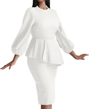Runwind Plus Size Dresses for Curvy Women Midi Church Wear to Work Bodycon Vintage Peplum Dress Long Sleeve Crewneck