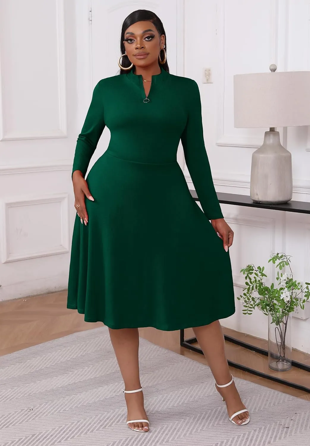Runwind Plus Size Midi Dresses Women Casual A-Line Dress Long Sleeve Church Tea Cocktail Party Wedding Guest Dress
