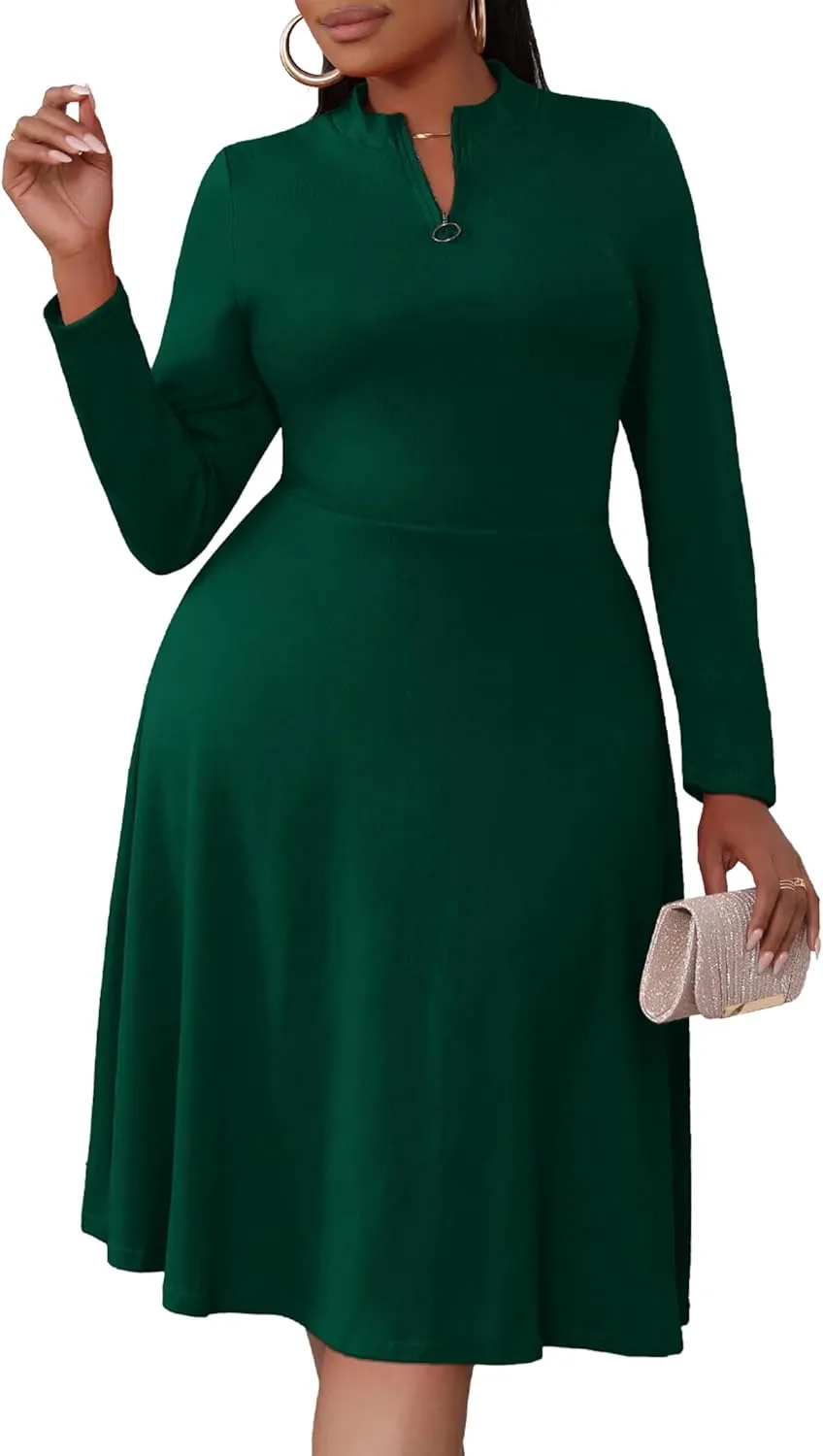 Runwind Plus Size Midi Dresses Women Casual A-Line Dress Long Sleeve Church Tea Cocktail Party Wedding Guest Dress