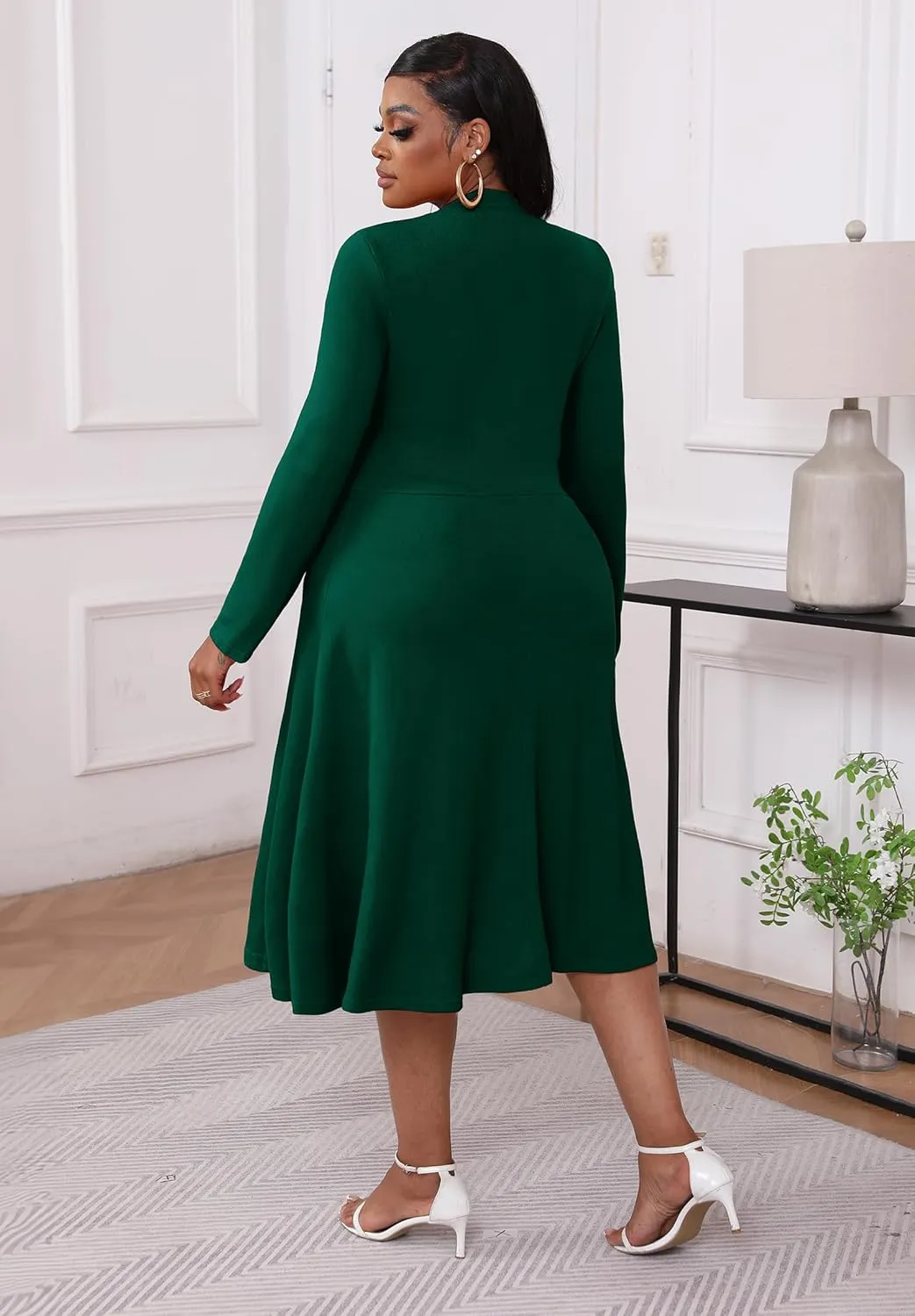 Runwind Plus Size Midi Dresses Women Casual A-Line Dress Long Sleeve Church Tea Cocktail Party Wedding Guest Dress