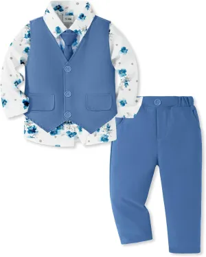 SANMIO Boy Suit Toddler Boys Formal Dress Outfit Shirt Printed Tie Vest Pants Baby Tuxedo Boys Wedding Clothes
