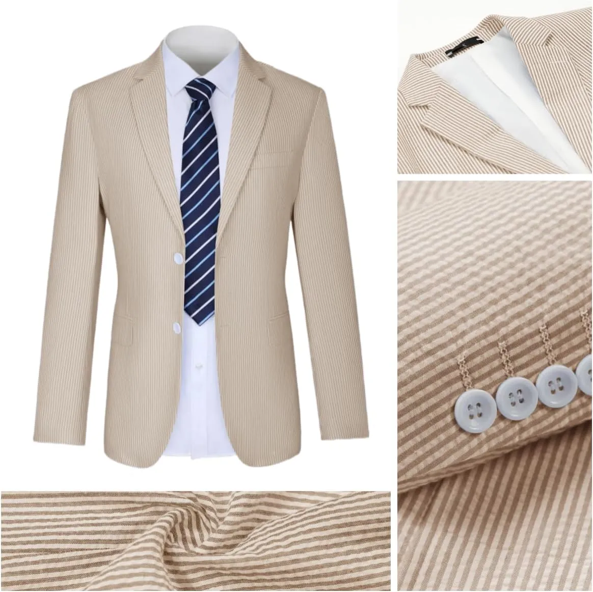 Seersucker Suit Mens Regular Fit Jacket Shorts Casual 2 Piece Pinstripe Suit Holiday Outfits for Summer Wedding