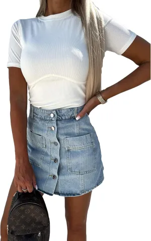 Sexy Short Denim Skirts for Women Summer Casual Distressed Denim Jean High Waisted Short Bodycon Skirt Streetwear