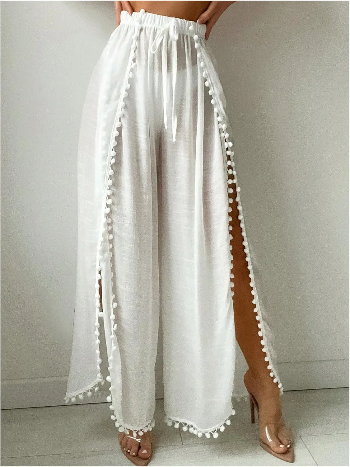 SHENHE Women's Bathing Suit Cover Up Pants Split Wide Leg Sheer Flowy Beach Palazzo Pants