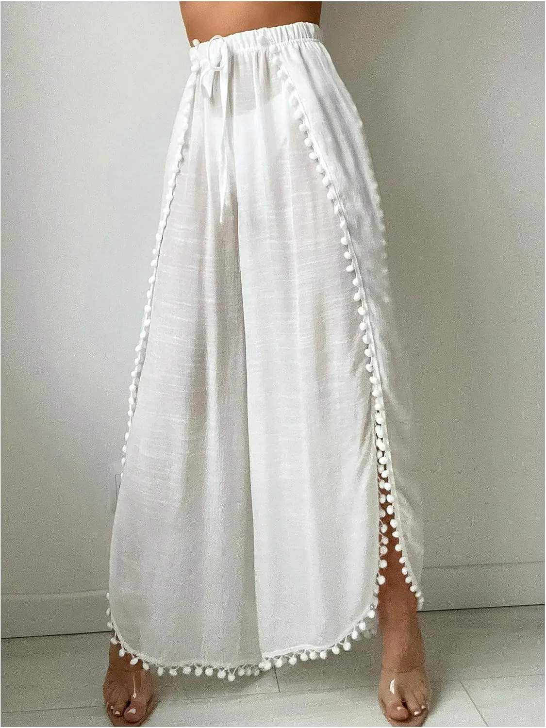 SHENHE Women's Bathing Suit Cover Up Pants Split Wide Leg Sheer Flowy Beach Palazzo Pants