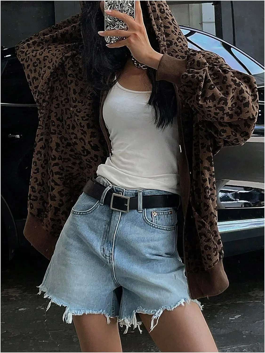 SHENHE Women's Oversized Zip Up Hoodie Leopard Print Sweatshirt Vintage Cheetah Hooded Jacket with Pockets