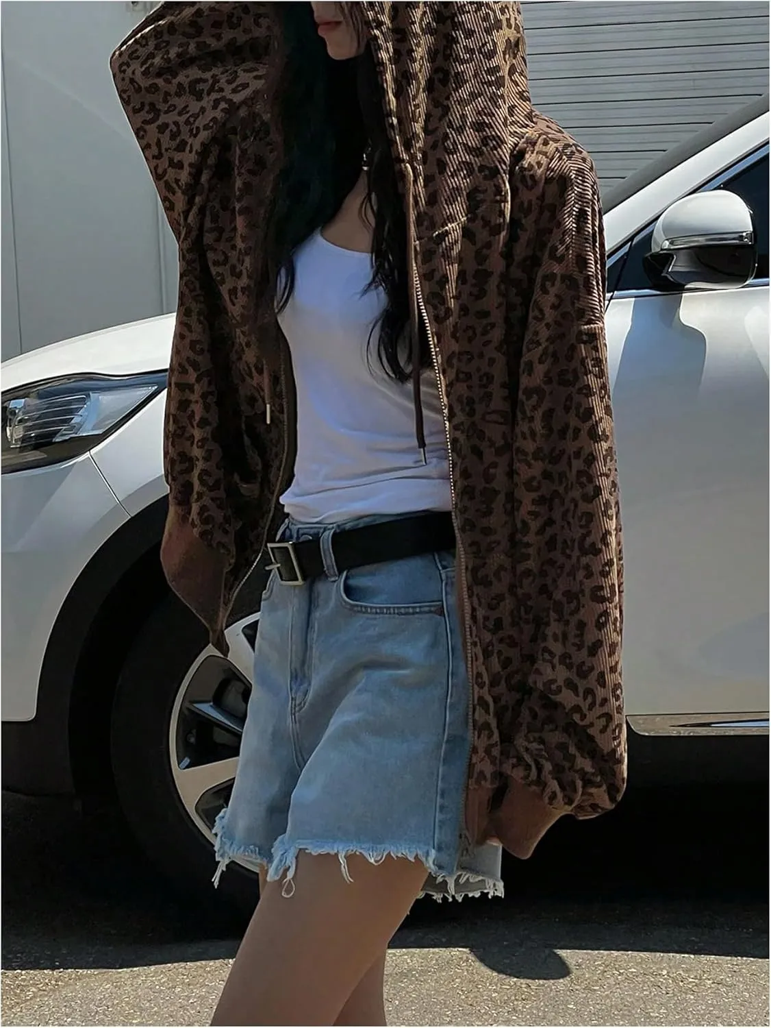 SHENHE Women's Oversized Zip Up Hoodie Leopard Print Sweatshirt Vintage Cheetah Hooded Jacket with Pockets