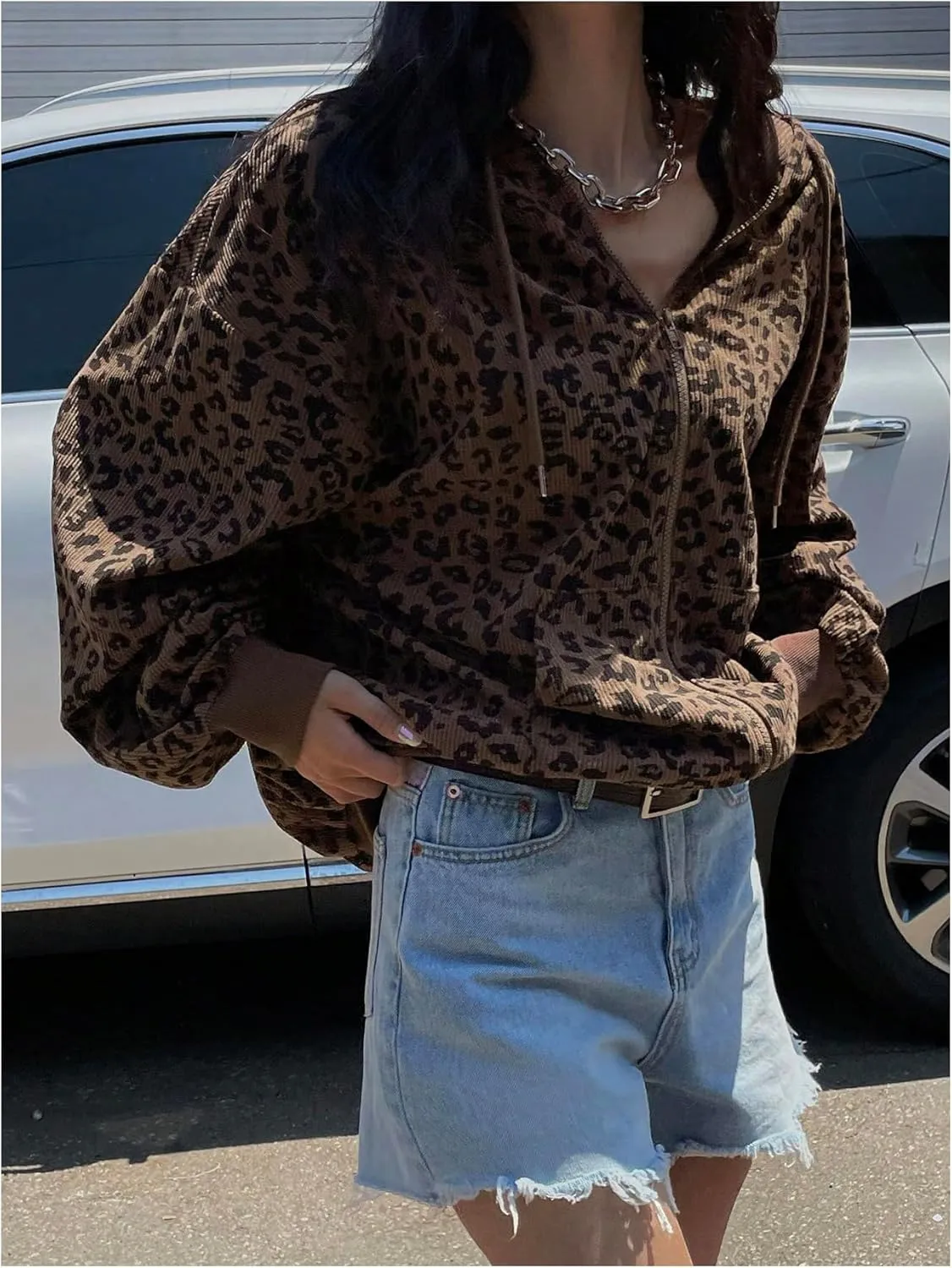 SHENHE Women's Oversized Zip Up Hoodie Leopard Print Sweatshirt Vintage Cheetah Hooded Jacket with Pockets