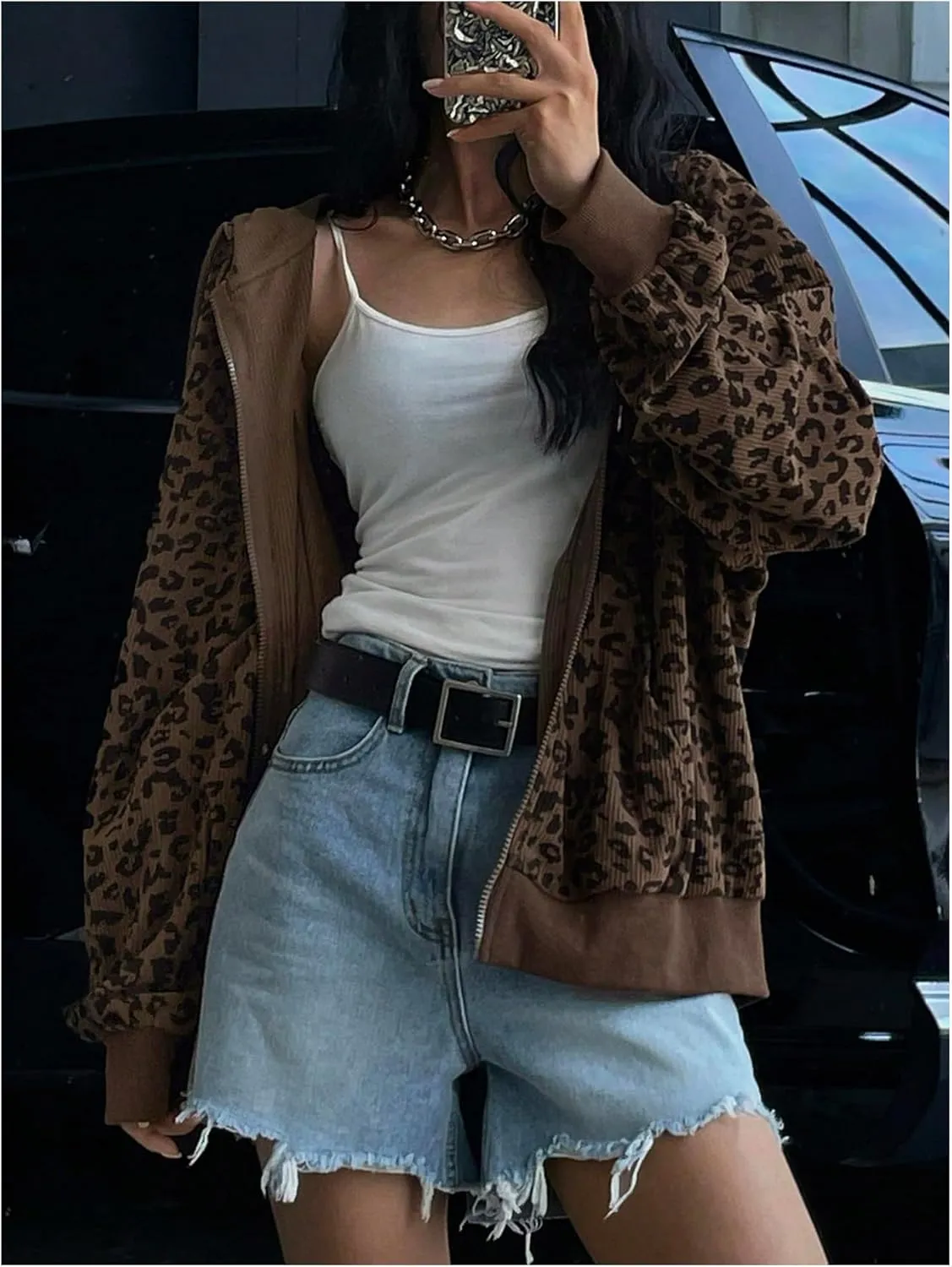 SHENHE Women's Oversized Zip Up Hoodie Leopard Print Sweatshirt Vintage Cheetah Hooded Jacket with Pockets