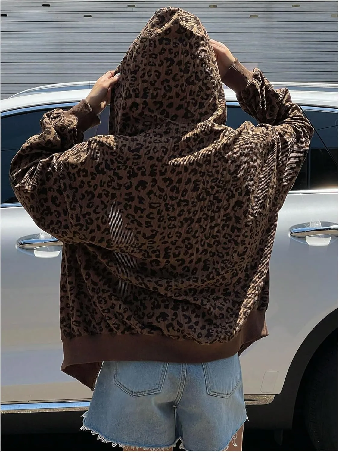 SHENHE Women's Oversized Zip Up Hoodie Leopard Print Sweatshirt Vintage Cheetah Hooded Jacket with Pockets