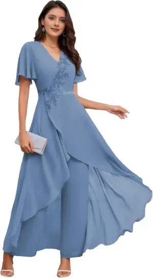 Short Sleeve Dressy Pant Suits Petite Chiffon Lace Applique Evening Dresses for Women 2 Pieces Jumpsuit Deep Dusty Blue 2