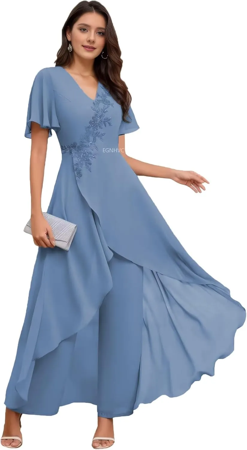 Short Sleeve Dressy Pant Suits Petite Chiffon Lace Applique Evening Dresses for Women 2 Pieces Jumpsuit Deep Dusty Blue 2