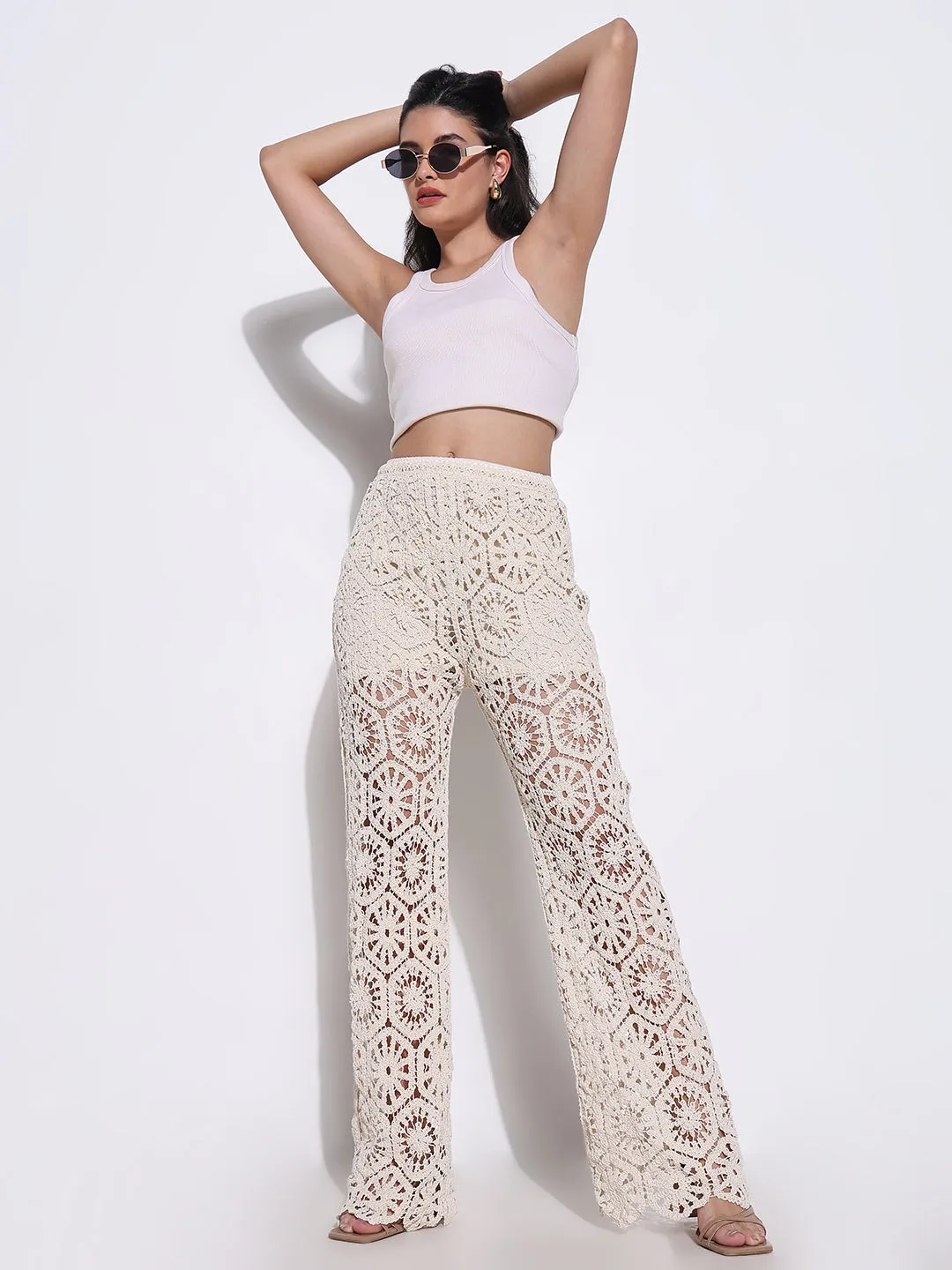SHOWOFFFF Edition Women's Crochet Cream Pants with Lining