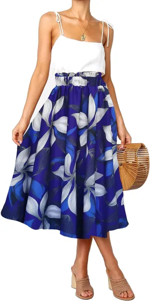 Sinono Women Elastic High Waist A Line Floral Print Swing Chiffon Beach Midi Long Skirt with Pockets(Medium, Royal Blue)