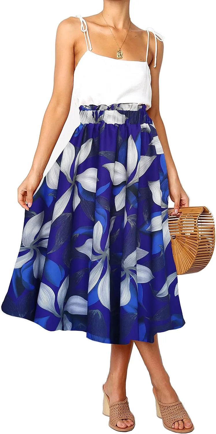 Sinono Women Elastic High Waist A Line Floral Print Swing Chiffon Beach Midi Long Skirt with Pockets(Medium, Royal Blue)