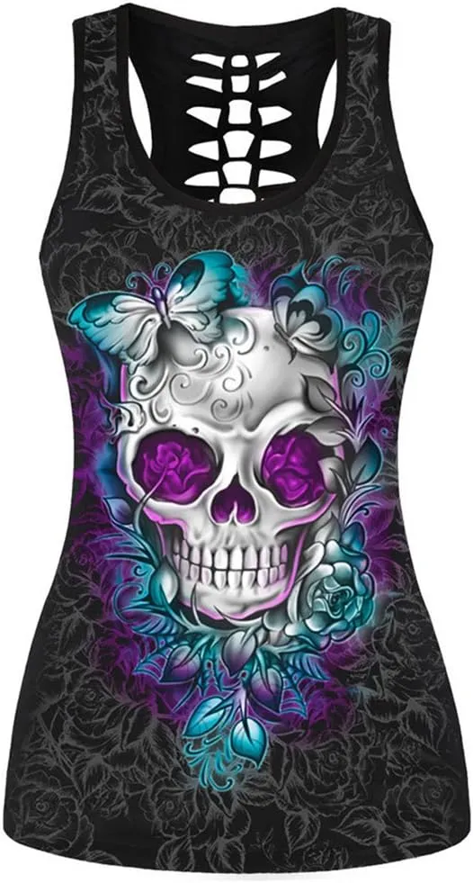 Sister Amy Women's Skull Print Hollow Out T-Shirt Crew Neck Plus Size Tank Top