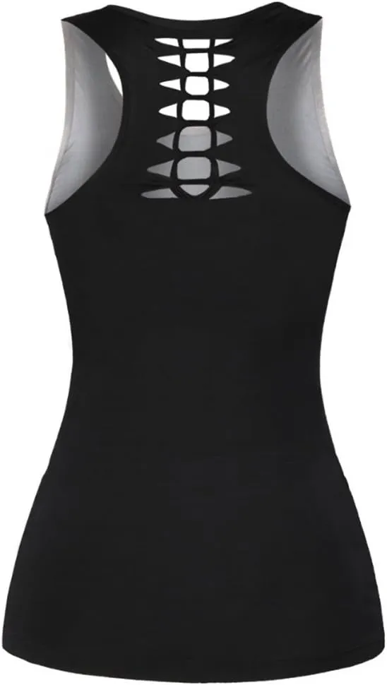 Sister Amy Women's Skull Print Hollow Out T-Shirt Crew Neck Plus Size Tank Top