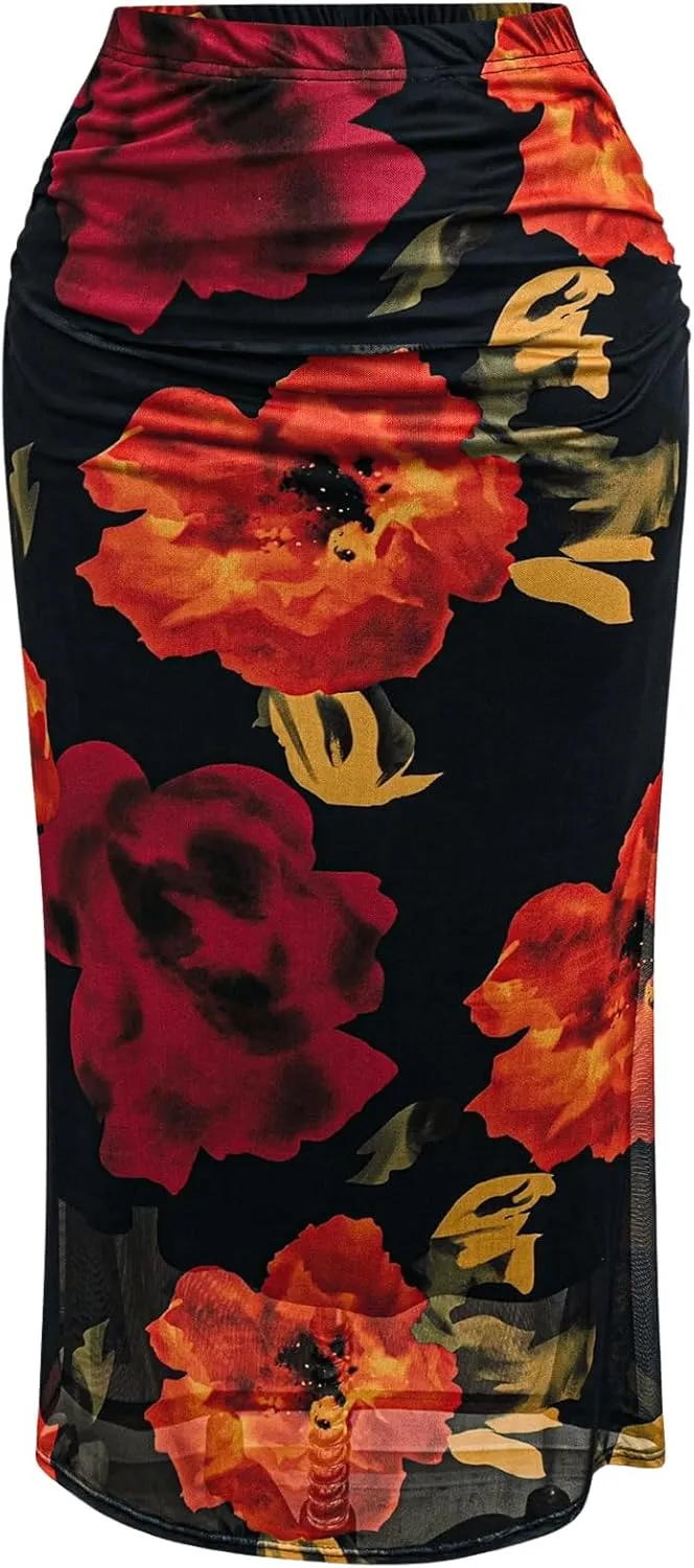 SOLY HUX Women's Plus Size Skirt Floral Print Mesh Ruched High Waisted Bodycon Long Skirts