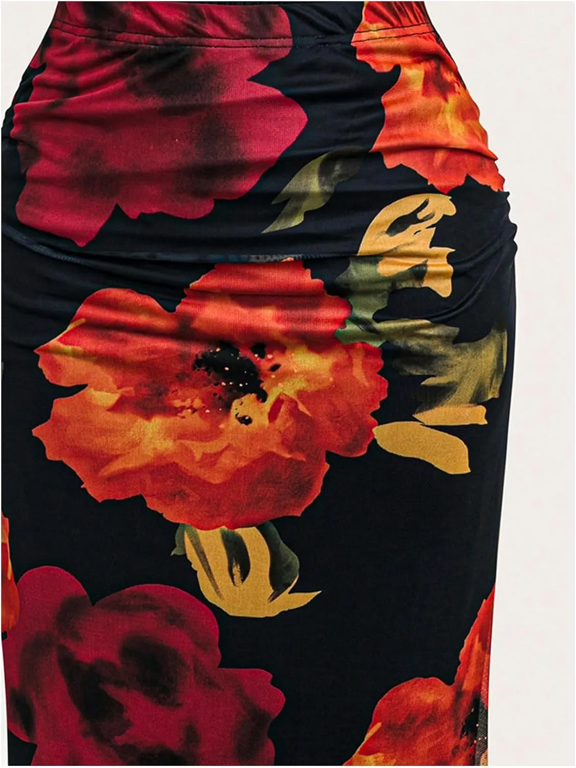 SOLY HUX Women's Plus Size Skirt Floral Print Mesh Ruched High Waisted Bodycon Long Skirts