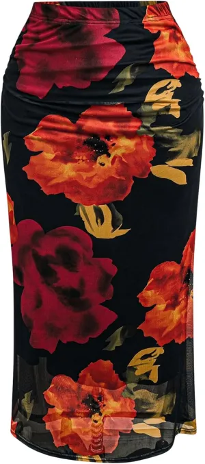 SOLY HUX Women's Plus Size Skirt Floral Print Mesh Ruched High Waisted Bodycon Long Skirts