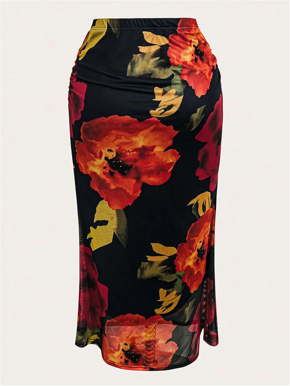 SOLY HUX Women's Plus Size Skirt Floral Print Mesh Ruched High Waisted Bodycon Long Skirts