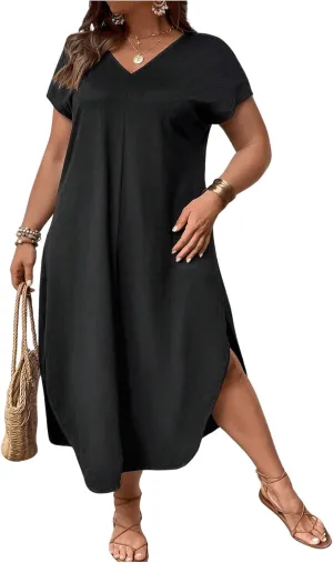 SOLY HUX Women's Plus Size Summer Dress V Neck Short Sleeve Split Hem Midi Dresses