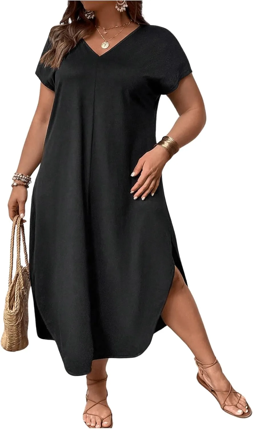 SOLY HUX Women's Plus Size Summer Dress V Neck Short Sleeve Split Hem Midi Dresses