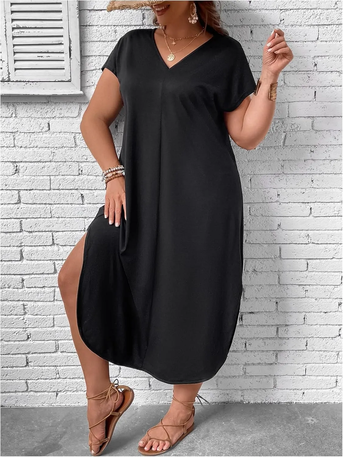 SOLY HUX Women's Plus Size Summer Dress V Neck Short Sleeve Split Hem Midi Dresses